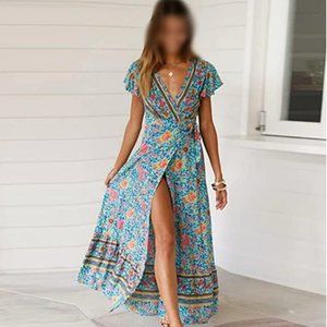 Wrap-around summer floral dress with slit